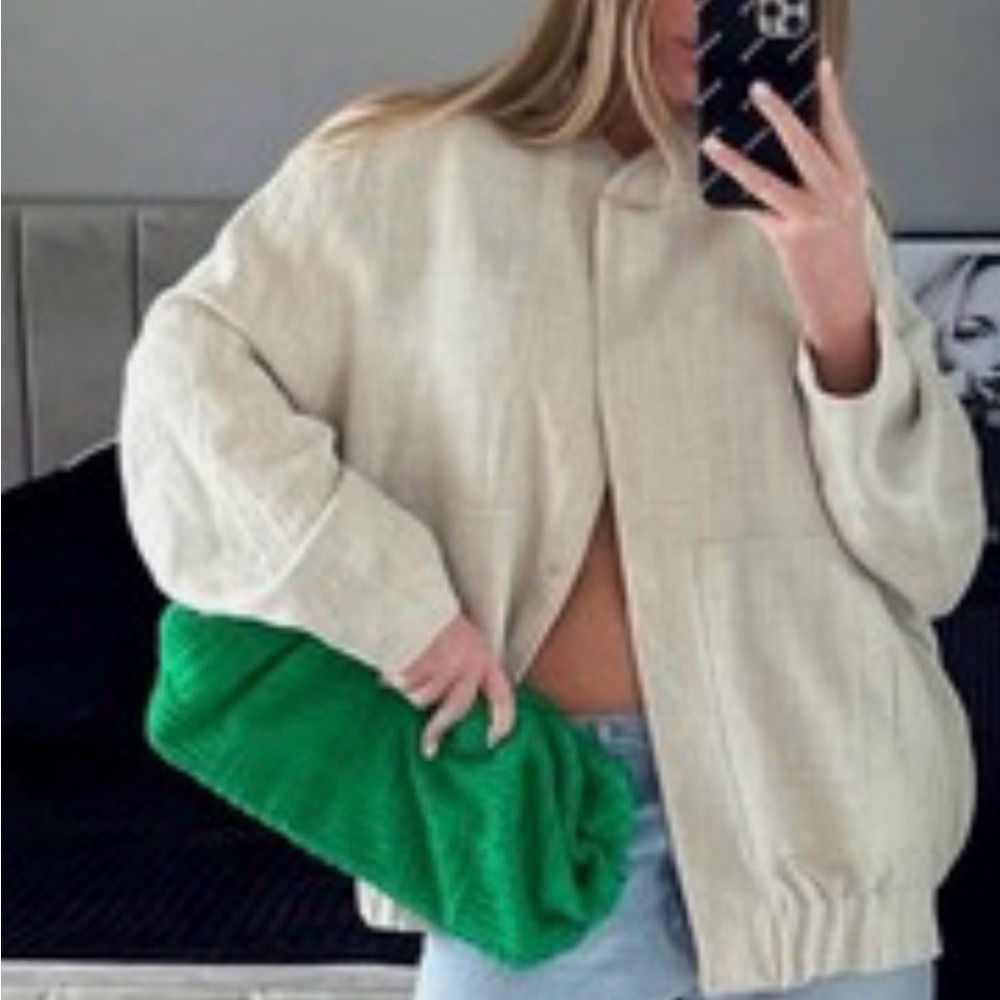 ZARA Linen Blend Bomber Jacket w/ Pockets Light Beige S/M Oversized Bloggers Fav - Picture 13 of 14